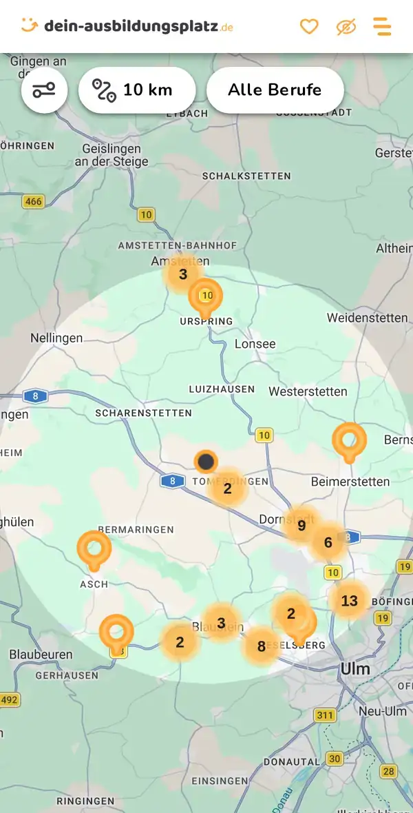 Karte von dein-ausbildungsplatz.de: Ausbildungsbetriebe im Umkreis von 10 km um 89160 Dornstadt
