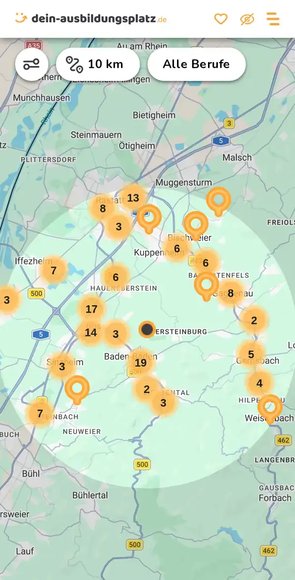 Karte von dein-ausbildungsplatz.de: Ausbildungsbetriebe im Umkreis von 10 km um 76532 Baden-Baden