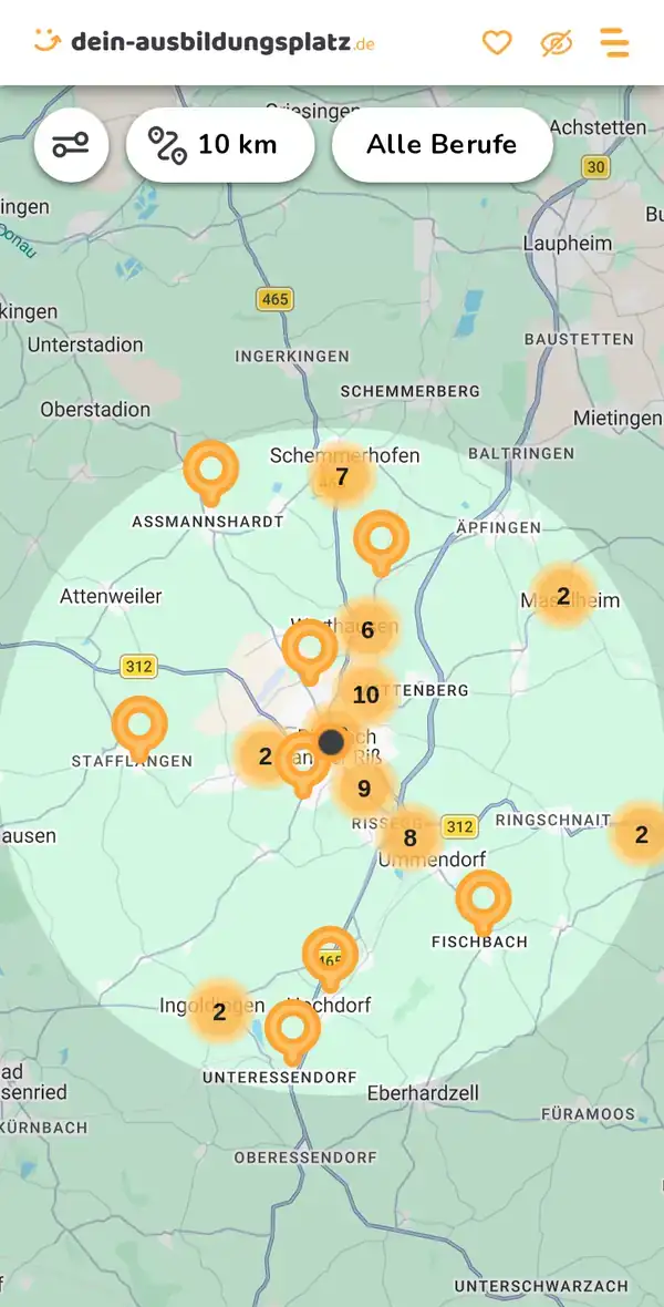Karte von dein-ausbildungsplatz.de: Ausbildungsbetriebe im Umkreis von 10 km um 88400 Biberach an der Riß