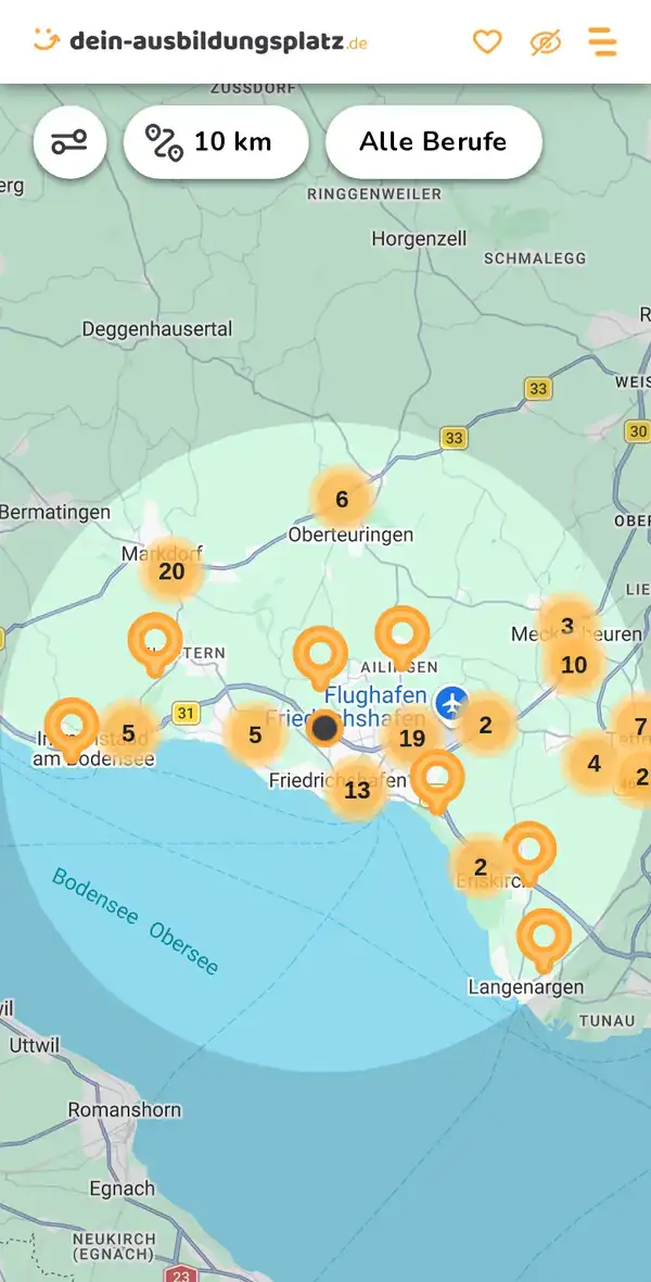 Karte von dein-ausbildungsplatz.de: Ausbildungsbetriebe im Umkreis von 10 km um 88045 Friedrichshafen