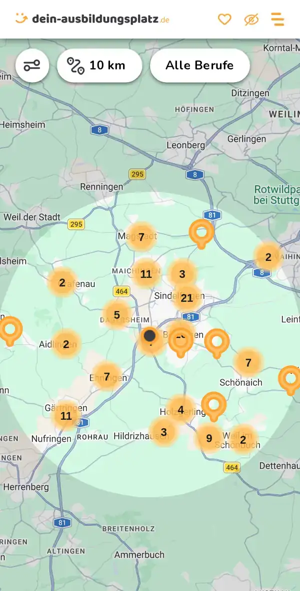 Karte von dein-ausbildungsplatz.de: Ausbildungsbetriebe im Umkreis von 10 km um 71034 Böblingen