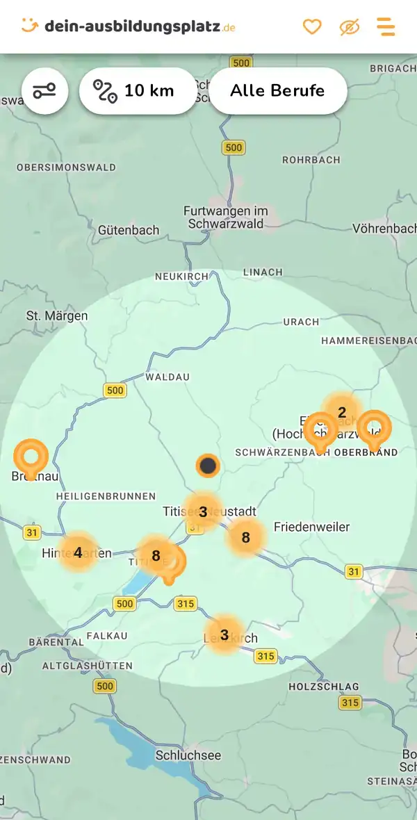 Karte von dein-ausbildungsplatz.de: Ausbildungsbetriebe im Umkreis von 10 km um 79822 Titisee-Neustadt