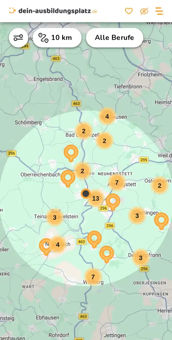 Karte von dein-ausbildungsplatz.de: Ausbildungsbetriebe im Umkreis von 10 km um 75365 Calw
