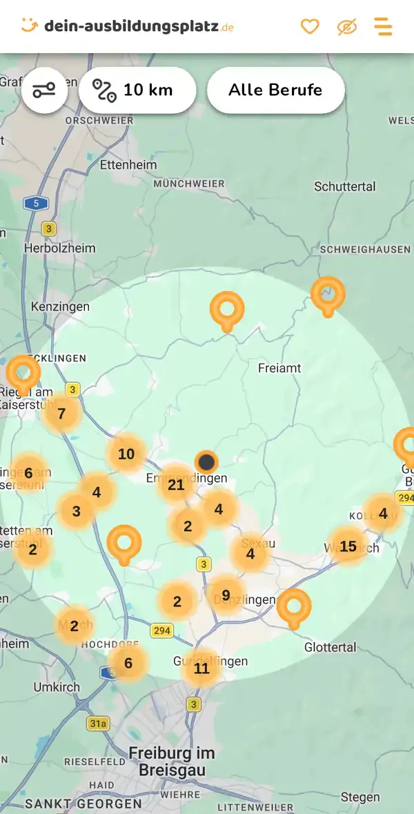 Karte von dein-ausbildungsplatz.de: Ausbildungsbetriebe im Umkreis von 10 km um 79312 Denzlingen