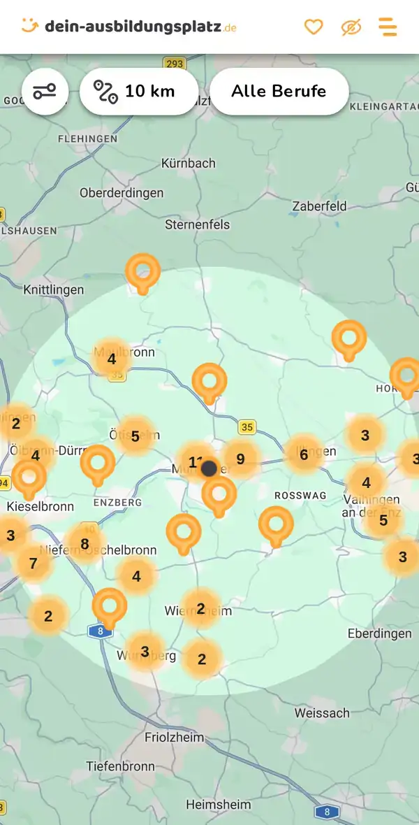 Karte von dein-ausbildungsplatz.de: Ausbildungsbetriebe im Umkreis von 10 km um 75417 Mühlacker