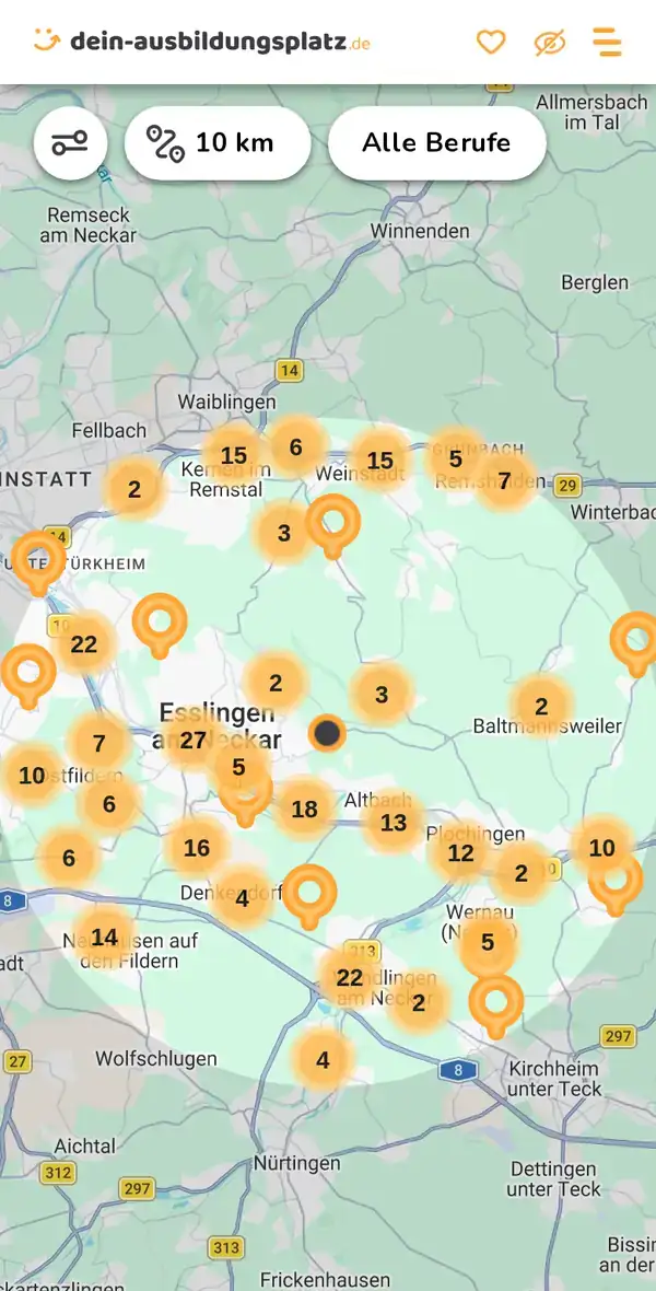 Karte von dein-ausbildungsplatz.de: Ausbildungsbetriebe im Umkreis von 10 km um 73730 Esslingen am Neckar