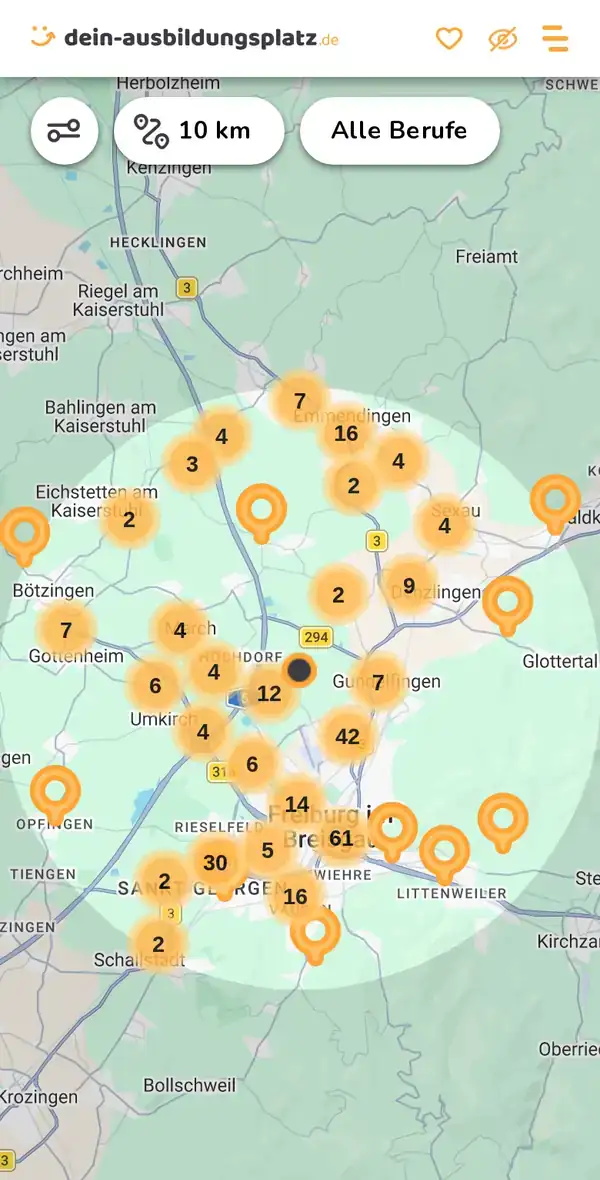 Karte von dein-ausbildungsplatz.de: Ausbildungsbetriebe im Umkreis von 10 km um 79108 Freiburg im Breisgau