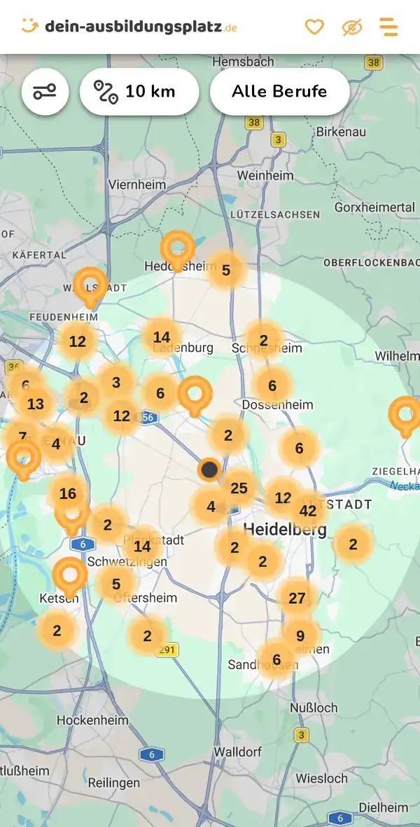 Karte von dein-ausbildungsplatz.de: Ausbildungsbetriebe im Umkreis von 10 km um 69123 Heidelberg