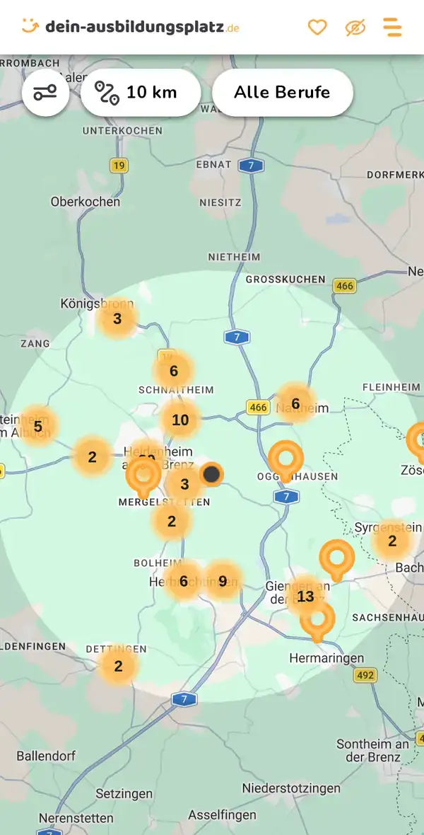 Karte von dein-ausbildungsplatz.de: Ausbildungsbetriebe im Umkreis von 10 km um 89522 Heidenheim an der Brenz