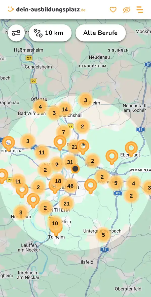 Karte von dein-ausbildungsplatz.de: Ausbildungsbetriebe im Umkreis von 10 km um 74076 Erlenbach