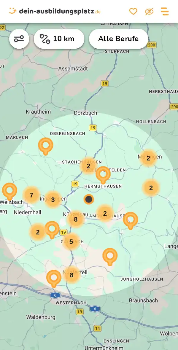 Karte von dein-ausbildungsplatz.de: Ausbildungsbetriebe im Umkreis von 10 km um 74653 Ingelfingen
