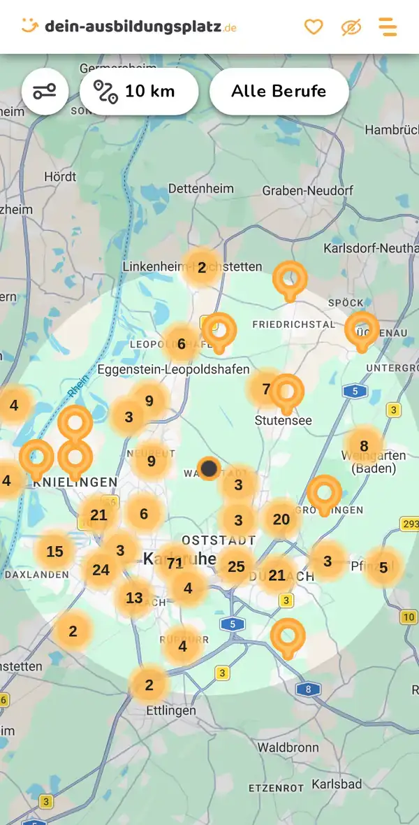 Karte von dein-ausbildungsplatz.de: Ausbildungsbetriebe im Umkreis von 10 km um 76131 Karlsruhe