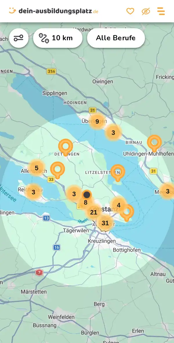 Karte von dein-ausbildungsplatz.de: Ausbildungsbetriebe im Umkreis von 10 km um 78467 Konstanz