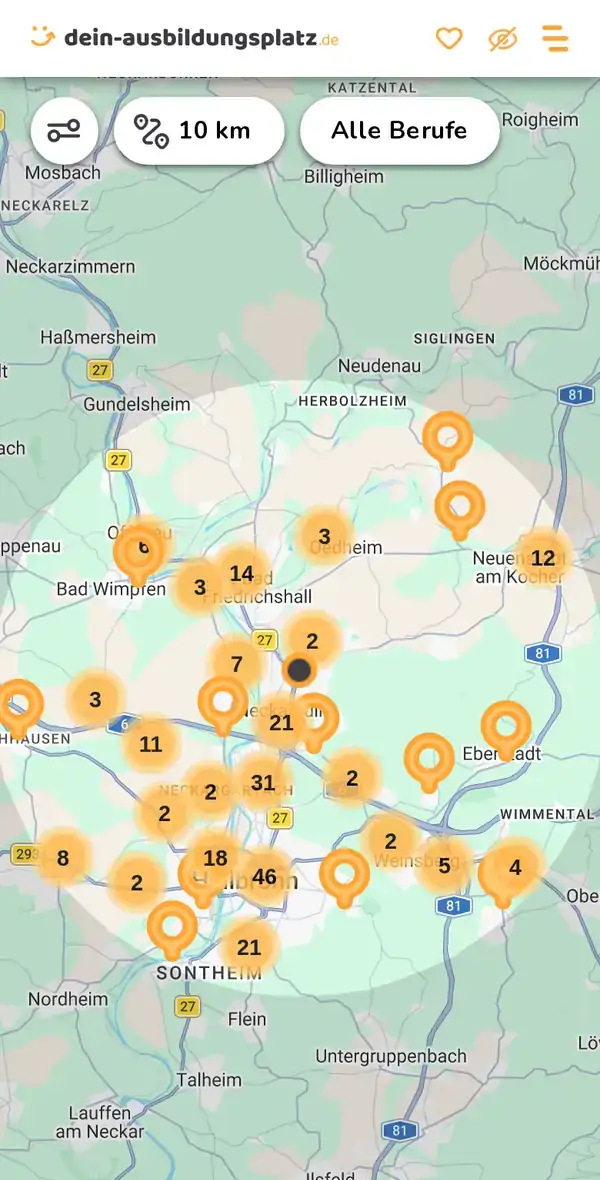 Karte von dein-ausbildungsplatz.de: Ausbildungsbetriebe im Umkreis von 10 km um 74172 Neckarsulm