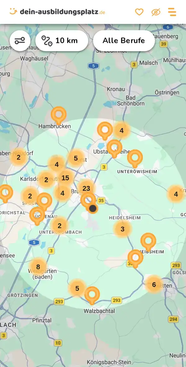 Karte von dein-ausbildungsplatz.de: Ausbildungsbetriebe im Umkreis von 10 km um 76646 Bruchsal