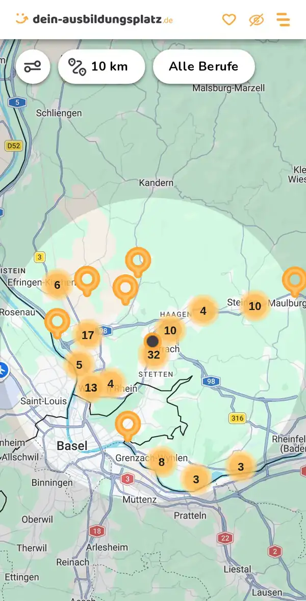 Karte von dein-ausbildungsplatz.de: Ausbildungsbetriebe im Umkreis von 10 km um 79539 Lörrach