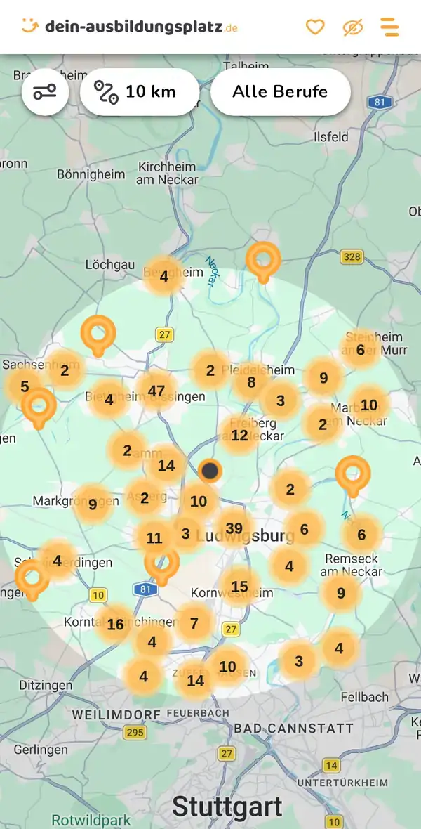 Karte von dein-ausbildungsplatz.de: Ausbildungsbetriebe im Umkreis von 10 km um 71634 Ludwigsburg