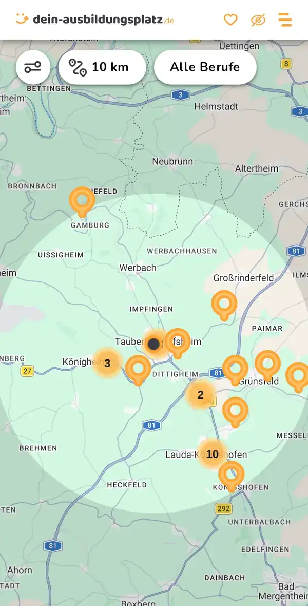 Karte von dein-ausbildungsplatz.de: Ausbildungsbetriebe im Umkreis von 10 km um 97941 Tauberbischofsheim