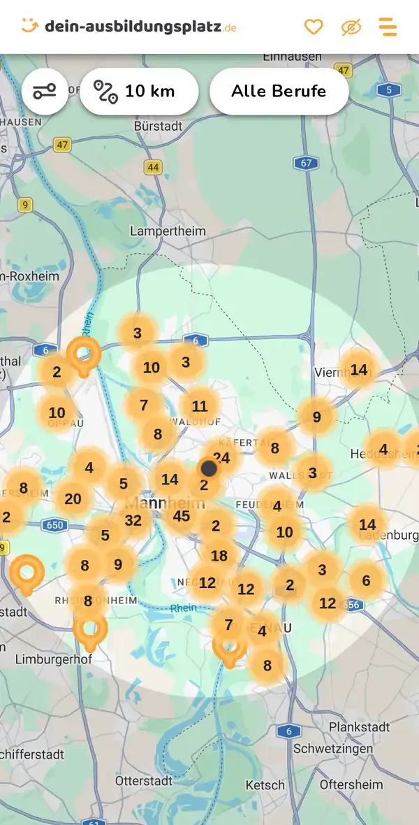 Karte von dein-ausbildungsplatz.de: Ausbildungsbetriebe im Umkreis von 10 km um 68167 Mannheim