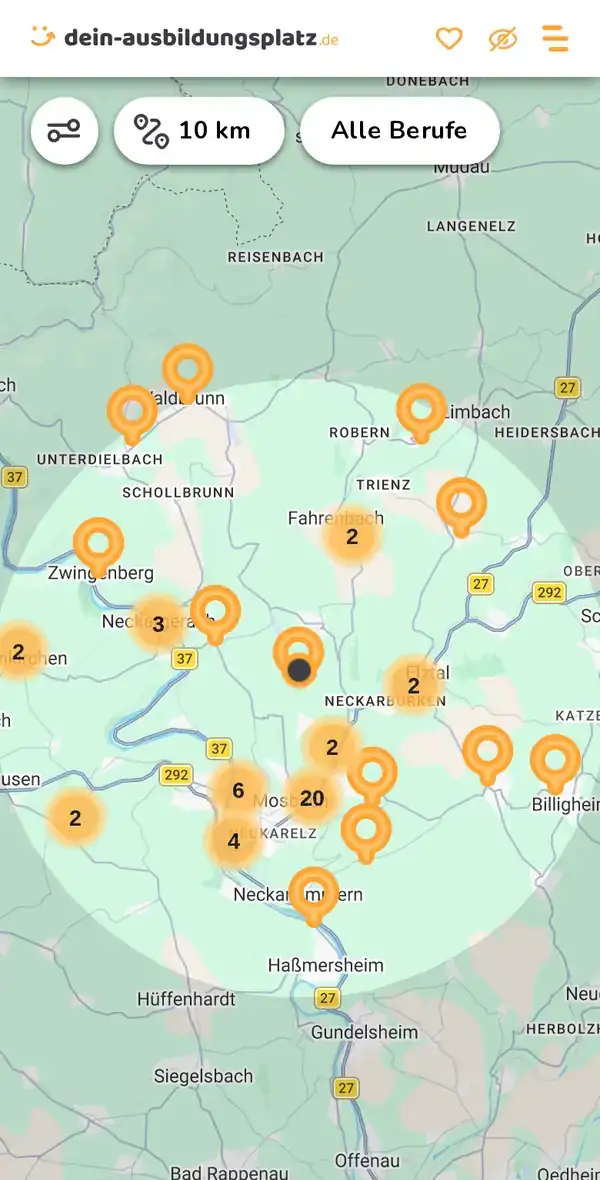 Karte von dein-ausbildungsplatz.de: Ausbildungsbetriebe im Umkreis von 10 km um 74821 Mosbach