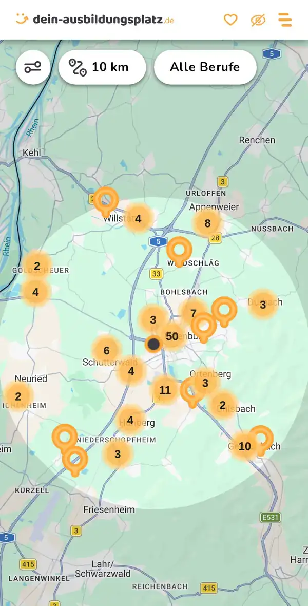 Karte von dein-ausbildungsplatz.de: Ausbildungsbetriebe im Umkreis von 10 km um 77656 Hohberg