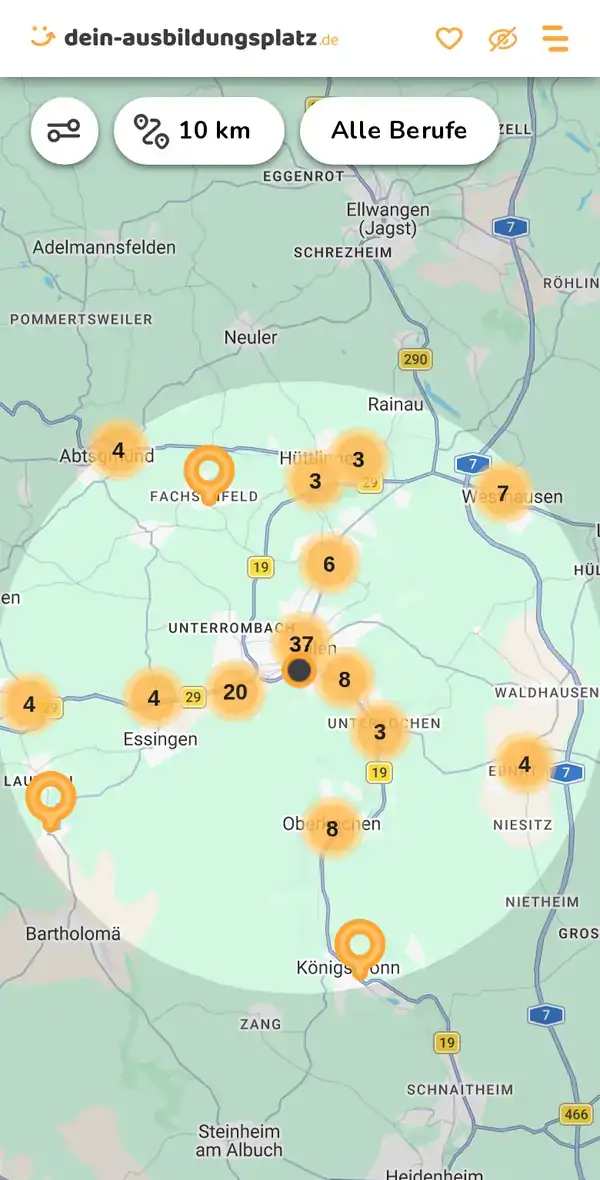 Karte von dein-ausbildungsplatz.de: Ausbildungsbetriebe im Umkreis von 10 km um 73431 Aalen