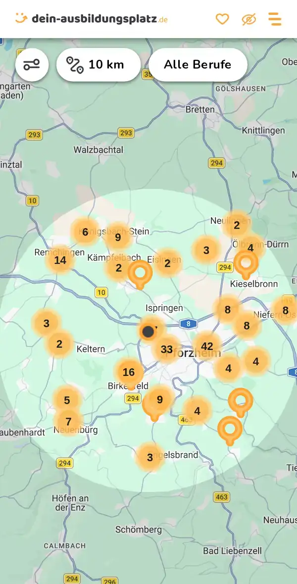 Karte von dein-ausbildungsplatz.de: Ausbildungsbetriebe im Umkreis von 10 km um 75179 Pforzheim