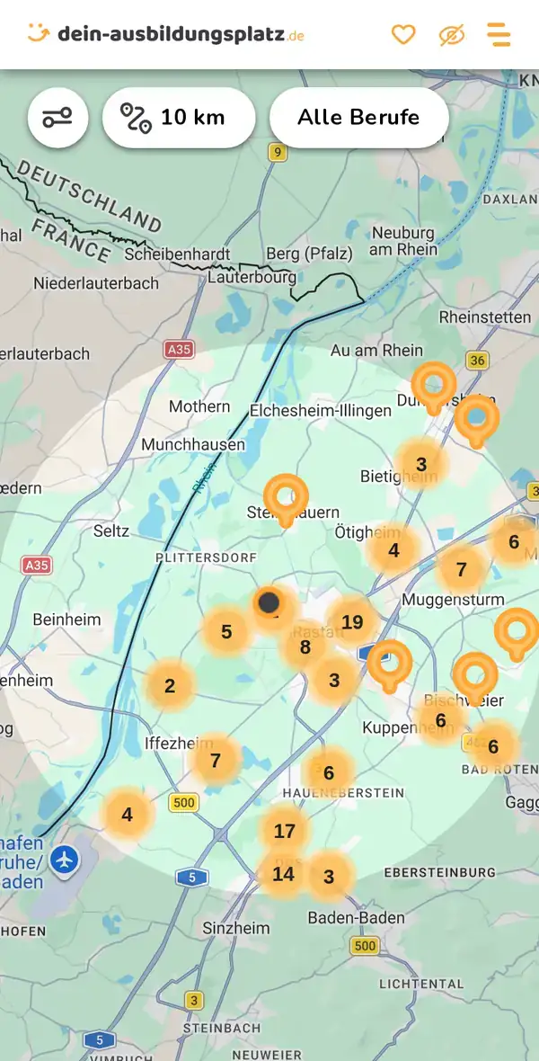 Karte von dein-ausbildungsplatz.de: Ausbildungsbetriebe im Umkreis von 10 km um 76437 Rastatt