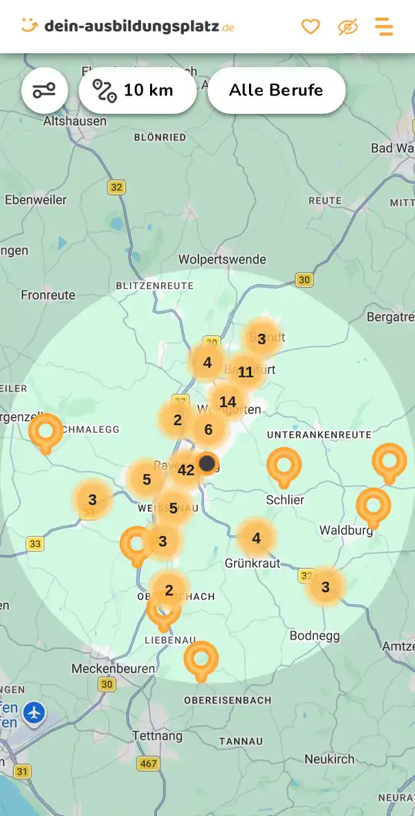 Karte von dein-ausbildungsplatz.de: Ausbildungsbetriebe im Umkreis von 10 km um 88212 Ravensburg