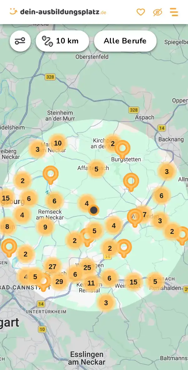 Karte von dein-ausbildungsplatz.de: Ausbildungsbetriebe im Umkreis von 10 km um 71336 Waiblingen