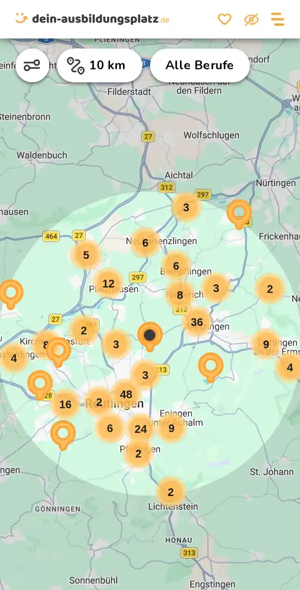 Karte von dein-ausbildungsplatz.de: Ausbildungsbetriebe im Umkreis von 10 km um 72766 Reutlingen