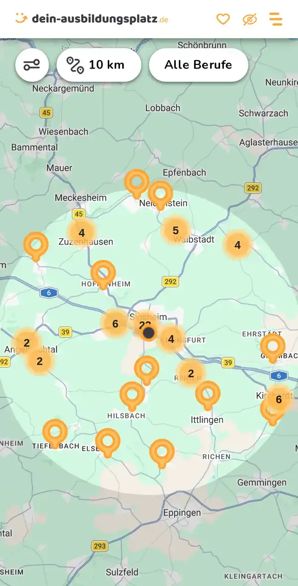 Karte von dein-ausbildungsplatz.de: Ausbildungsbetriebe im Umkreis von 10 km um 74889 Sinsheim