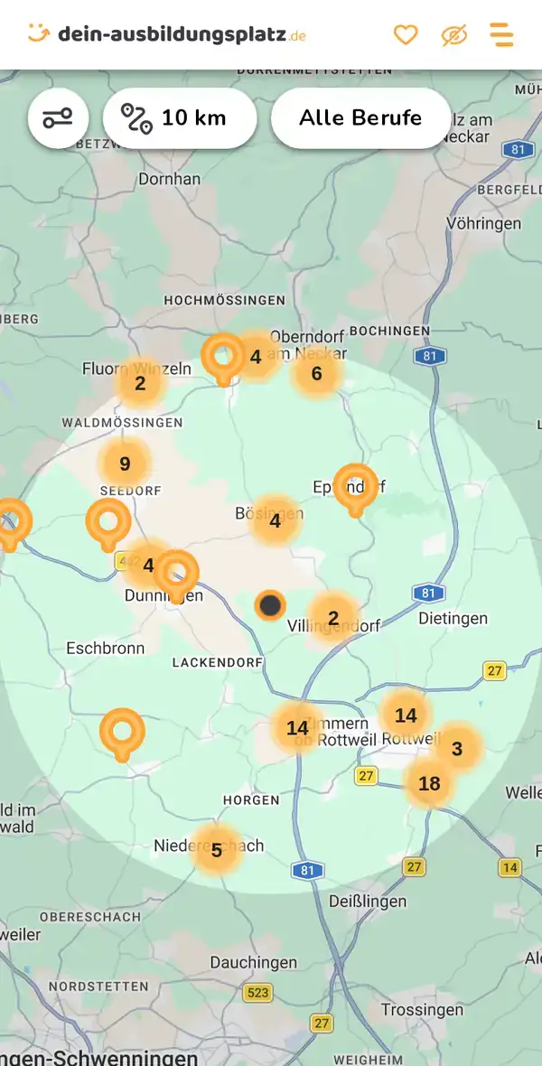 Karte von dein-ausbildungsplatz.de: Ausbildungsbetriebe im Umkreis von 10 km um 78628 Rottweil