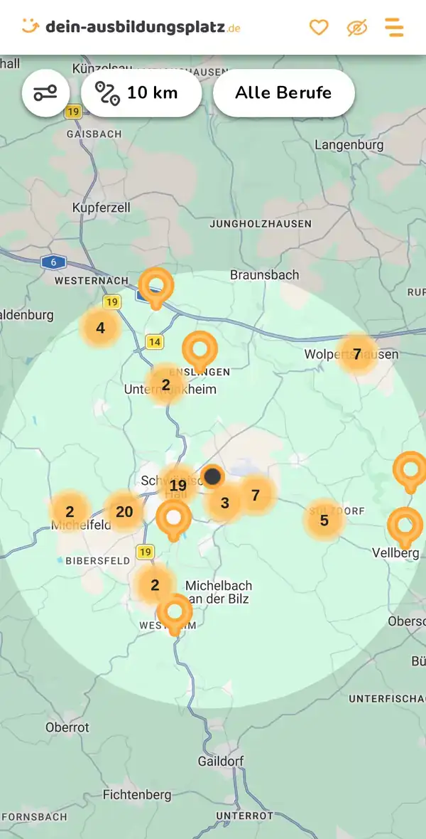 Karte von dein-ausbildungsplatz.de: Ausbildungsbetriebe im Umkreis von 10 km um 74523 Michelbach an der Bilz