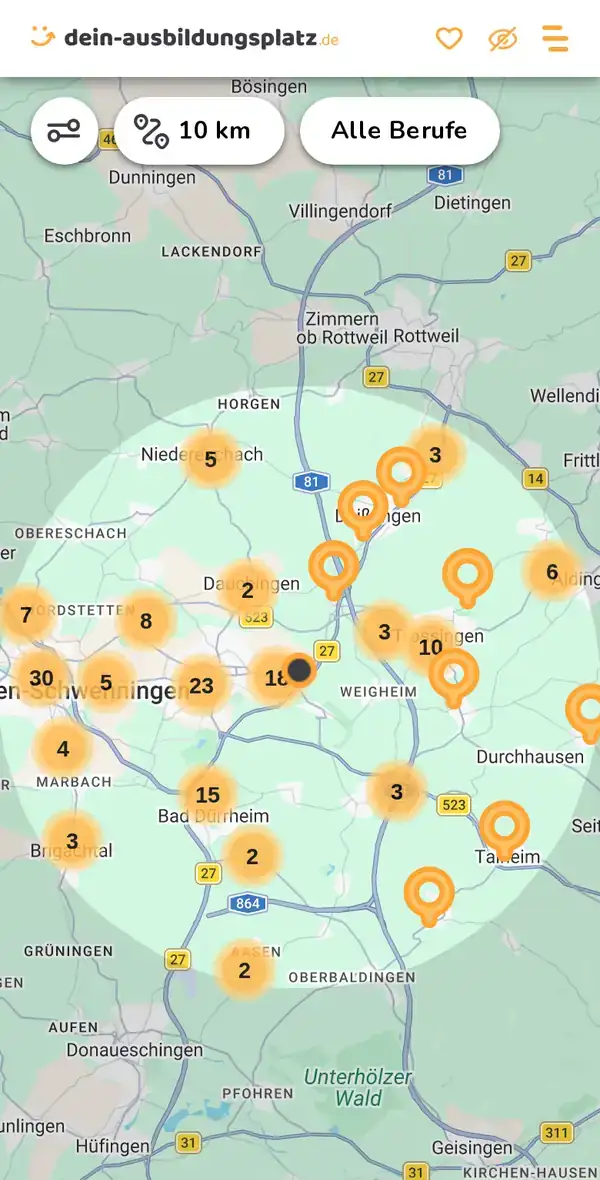 Karte von dein-ausbildungsplatz.de: Ausbildungsbetriebe im Umkreis von 10 km um 78056 Villingen-Schwenningen