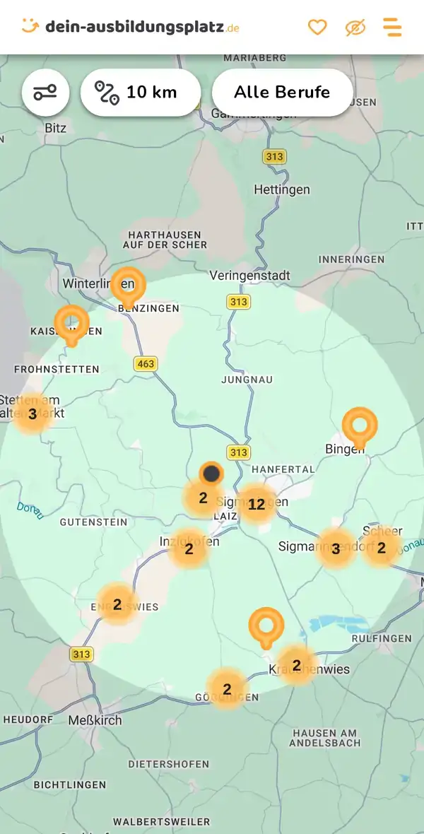 Karte von dein-ausbildungsplatz.de: Ausbildungsbetriebe im Umkreis von 10 km um 72488 Sigmaringen