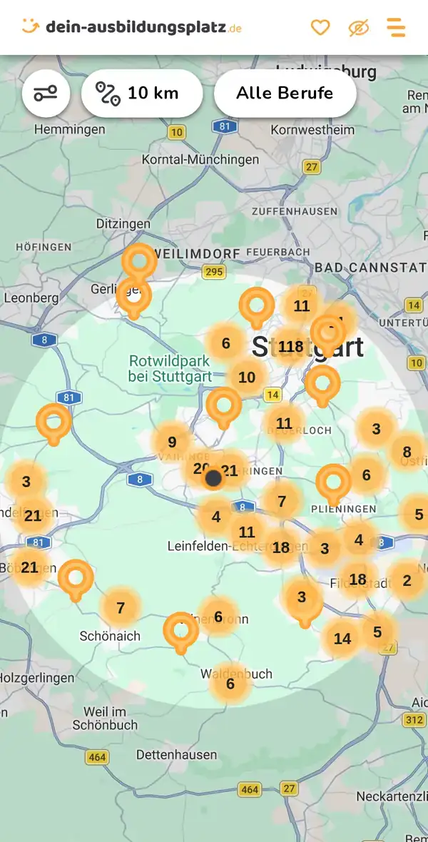 Karte von dein-ausbildungsplatz.de: Ausbildungsbetriebe im Umkreis von 10 km um 70565 Stuttgart