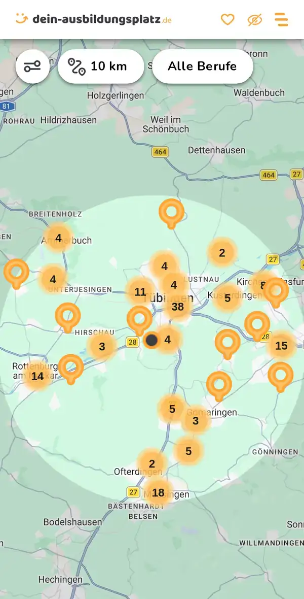 Karte von dein-ausbildungsplatz.de: Ausbildungsbetriebe im Umkreis von 10 km um 72072 Tübingen