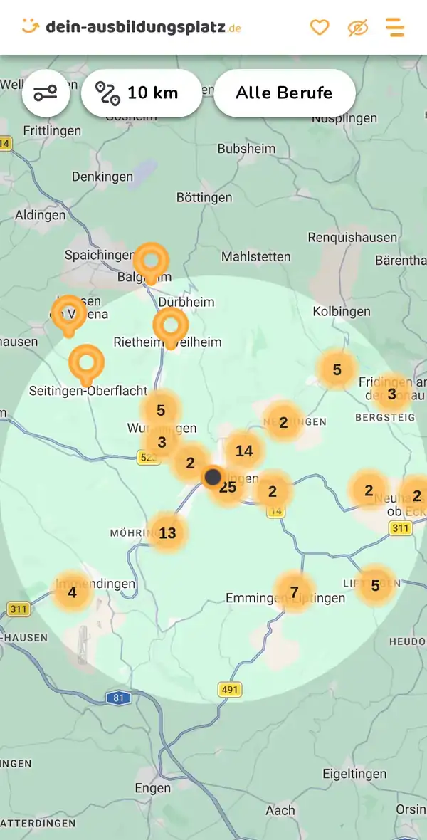 Karte von dein-ausbildungsplatz.de: Ausbildungsbetriebe im Umkreis von 10 km um 78532 Tuttlingen