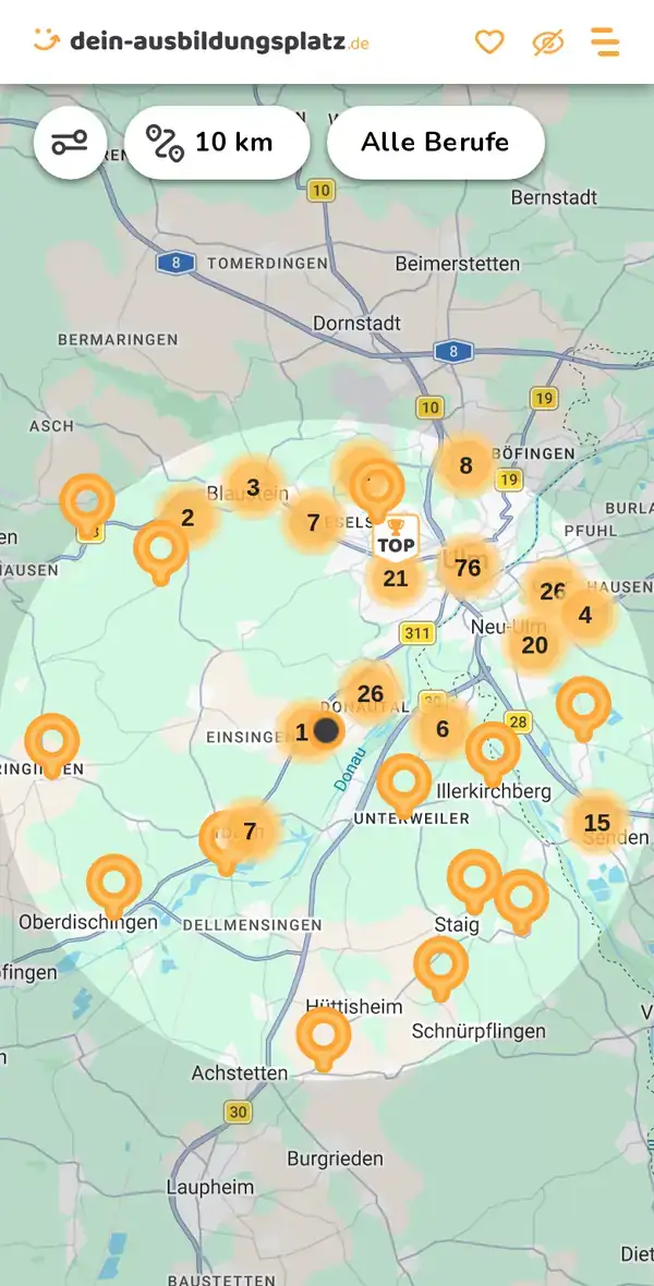 Karte von dein-ausbildungsplatz.de: Ausbildungsbetriebe im Umkreis von 10 km um 89079 Ulm