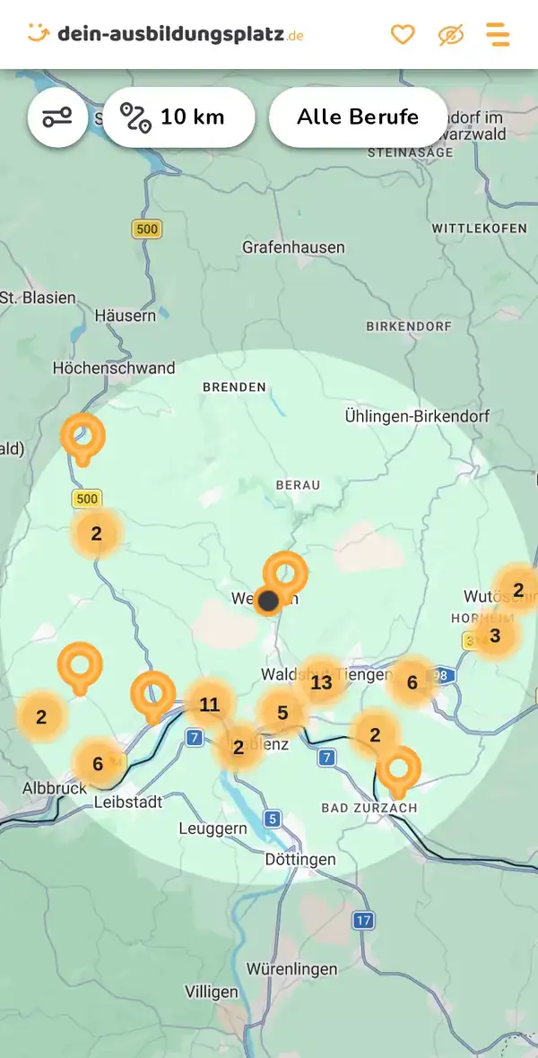 Karte von dein-ausbildungsplatz.de: Ausbildungsbetriebe im Umkreis von 10 km um 79761 Waldshut-Tiengen