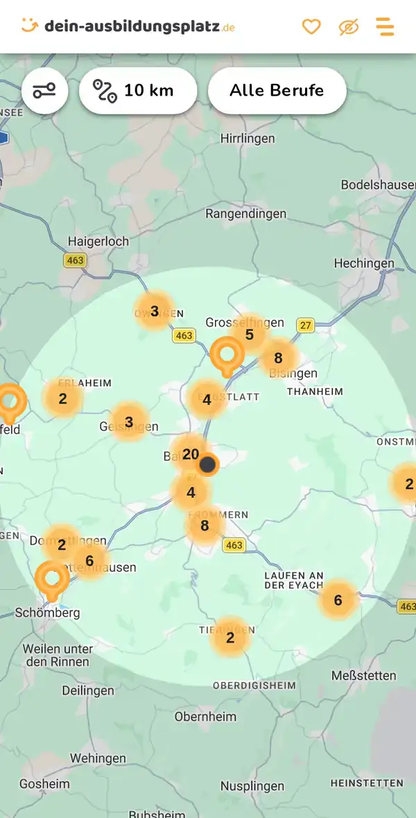 Karte von dein-ausbildungsplatz.de: Ausbildungsbetriebe im Umkreis von 10 km um 72336 Balingen