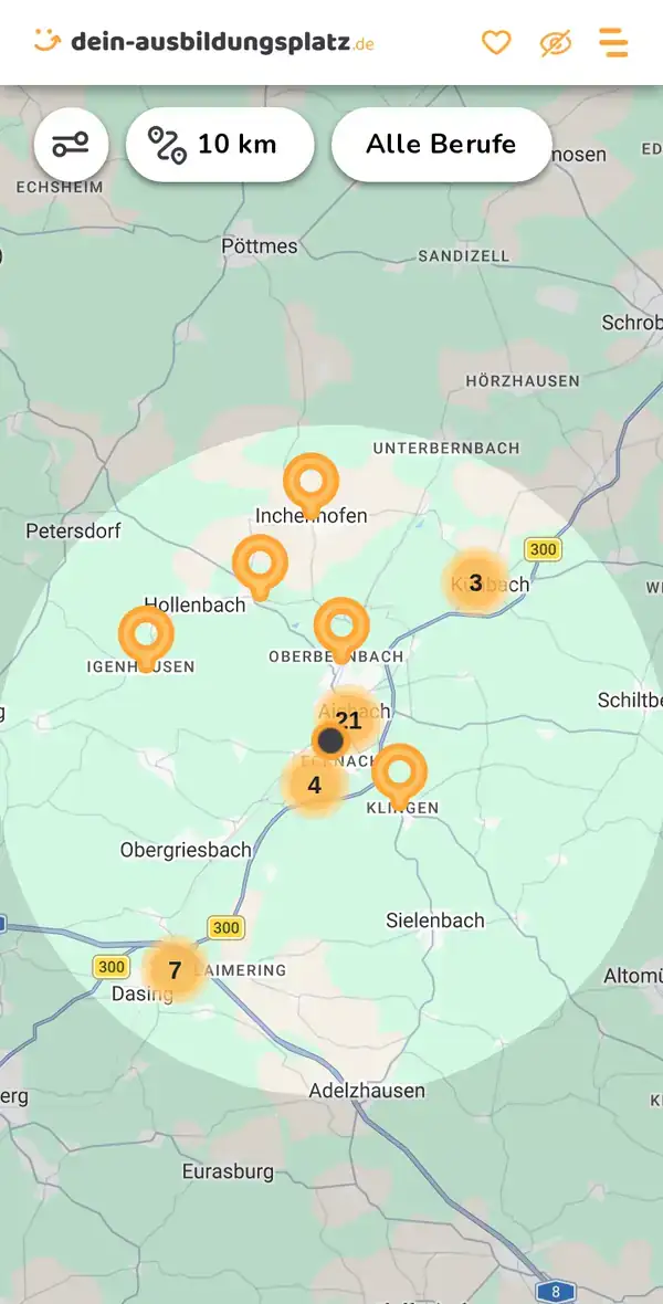 Karte von dein-ausbildungsplatz.de: Ausbildungsbetriebe im Umkreis von 10 km um 86551 Aichach