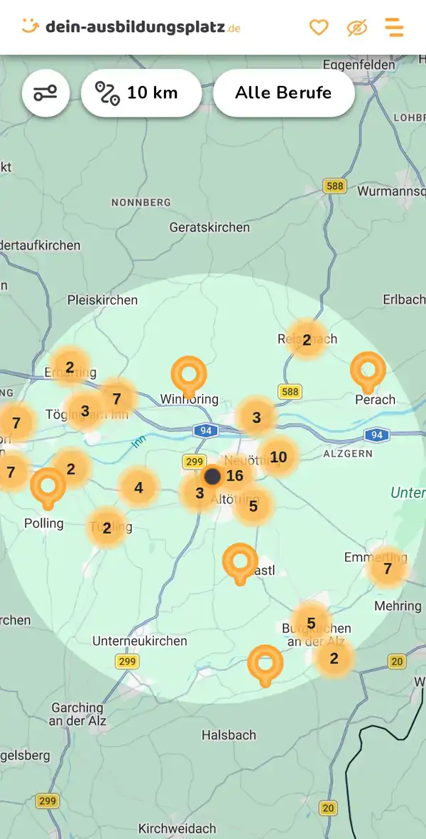 Karte von dein-ausbildungsplatz.de: Ausbildungsbetriebe im Umkreis von 10 km um 84503 Altötting