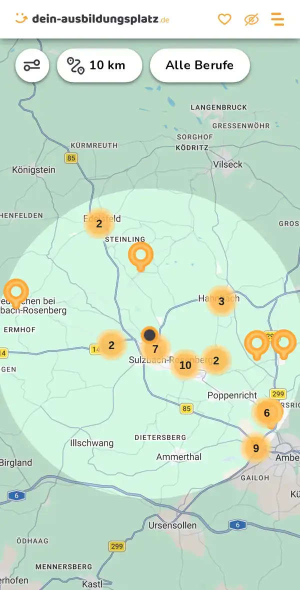 Karte von dein-ausbildungsplatz.de: Ausbildungsbetriebe im Umkreis von 10 km um 92237 Sulzbach-Rosenberg