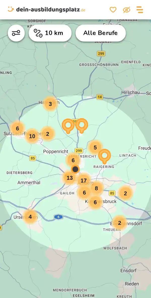 Karte von dein-ausbildungsplatz.de: Ausbildungsbetriebe im Umkreis von 10 km um 92224 Amberg