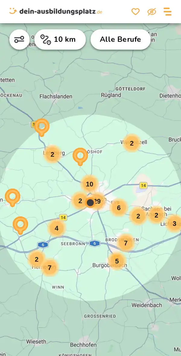 Karte von dein-ausbildungsplatz.de: Ausbildungsbetriebe im Umkreis von 10 km um 91522 Ansbach