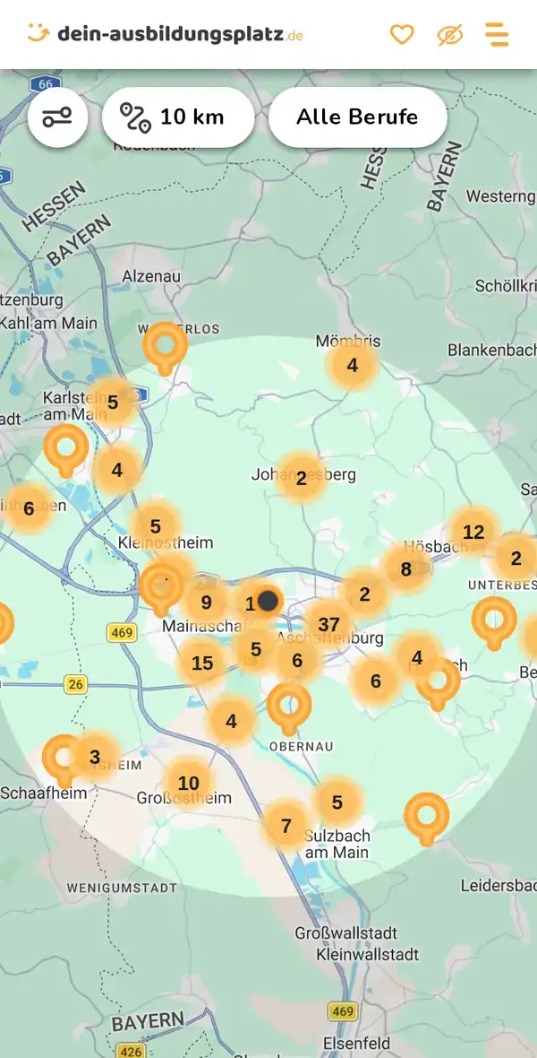 Karte von dein-ausbildungsplatz.de: Ausbildungsbetriebe im Umkreis von 10 km um 63741 Aschaffenburg