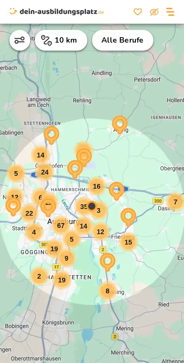 Karte von dein-ausbildungsplatz.de: Ausbildungsbetriebe im Umkreis von 10 km um 86165 Augsburg
