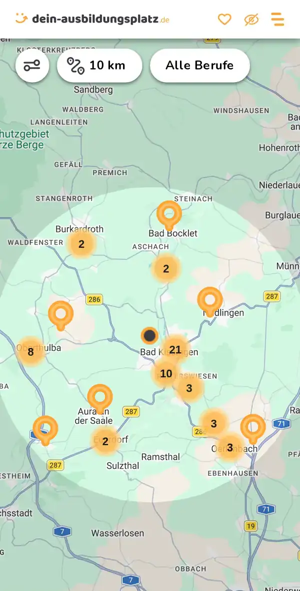 Karte von dein-ausbildungsplatz.de: Ausbildungsbetriebe im Umkreis von 10 km um 97688 Bad Kissingen